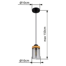 Závěsné svítidlo, kov černý, dřevo, kouřové sklo, Ø10cm, V:150cm, bez žárovky 1xE27, max. 40W 230V