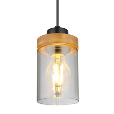 Závěsné svítidlo, kov černý, dřevo, kouřové sklo, Ø10cm, V:150cm, bez žárovky 1xE27, max. 40W 230V