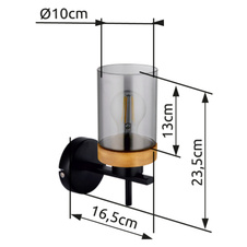 Nástěnné svítidlo, kov černý, dřevo, kouřové sklo, světlo směrem vzhůru, ŠxV:10x24cm, H:17cm, bez žárovky 1xE27, max. 40W 230V