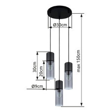 Závěsné svítidlo, kov černý, kouřové sklo, kov černý, textilní černý kabel, Ø30cm, V:150cm, bez žárovek 3x E27, max. 25W 230V