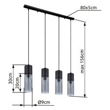 Závěsné svítidlo, kov černý, kouřové sklo, kov černý, textilní černý kabel, DxŠxV: 80x9x156cm, bez žárovek 4xE27, max. 25W 230V