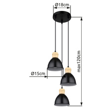 Závěsné svítidlo, kov černý a bílý, kov vzhled dřeva, černý PVC kabel, Ø:18cm, V:120cm, bez žárovek 3xE27, max. 40W 230V