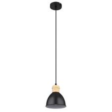 Závěsné svítidlo, kov černý a bílý, kov vzhled dřeva, černý PVC kabel, Ø:15cm, V:120cm, bez žárovky 1xE27, max. 40W 230V