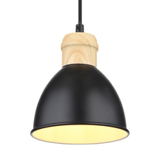 Závěsné svítidlo, kov černý a bílý, kov vzhled dřeva, černý PVC kabel, Ø:15cm, V:120cm, bez žárovky 1xE27, max. 40W 230V