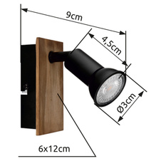 Nástěnné svítidlo, dřevo tmavě hnědé, kov černý, s vypínačem, ŠxV: 6x11cm, H:9cm, bez žárovky 1xGU10, max. 35W 230V (doporučujeme zakoupit zdroj 10804DK)