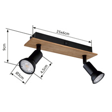 Nástěnné svítidlo, dřevo tmavě hnědé, kov černý, s vypínačem, DxŠxV: 25x6x9cm, bez žárovek 2xGU10, max. 35W 230V (doporučujeme zakoupit zdroje 10804DK)