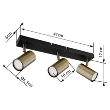 Stropní svítidlo, kov černý, mosaz, DxŠxV: 41x6x12cm, bez žárovek 3xGU10, max. 35W 230V