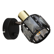 Nástěnné svítidlo, kov černý, kov zlatý, skleněné křišťály kouřové, s vypínačem, ŠxV: 9x13cm, H:16cm, bez žárovky 1xE14, max. 40W 230V