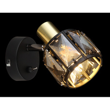 Nástěnné svítidlo, kov černý, kov zlatý, skleněné křišťály kouřové, s vypínačem, ŠxV: 9x13cm, H:16cm, bez žárovky 1xE14, max. 40W 230V