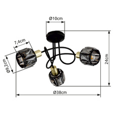Stropní svítidlo, kov černý, kov zlatý, skleněné křišťály kouřové, Ø38cm, V:24cm, bez žárovek 3xE14, max. 40W 230V