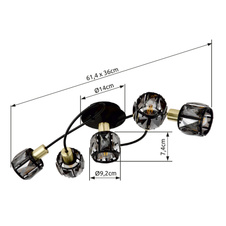 Stropní svítidlo, kov černý, kov zlatý, skleněné křišťály kouřové, DxŠxV: 62x36x21cm, bez 5xE14, max. 40W 230V