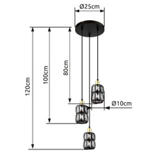 Závěsné svítidlo, kov černý, skleněné křišťály kouřové, kov matný, černý PVC kabel, Ø25cm, V:120cm, bez žárovek 3xE14, max. 40W 230V