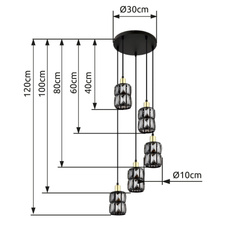 Závěsné svítidlo, kov černý, skleněné křišťály kouřové, kov matný, černý PVC kabel, Ø30cm, V:120cm, bez žárovek 5xE14, max. 40W 230V