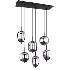 Závěsné svítidlo, kov černý, kouřové sklo, výškově nastavitelné, DxŠxV: 80x34x120cm, bez žárovek 6xE14, max. 40W 230V