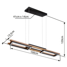 Závěsné svítidlo, kov černý, MDF tmavě hnědý, plast bílý, vícekrokové ovládání přes nástěnný vypínač, paměťová funkce, výškově nastavitelné, DxŠxV: 100x14x120cm, včetně LED 30W 230V, 3200lm zdroj, 1000lm výstup, 3000K