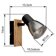 Nástěnné svítidlo, dřevo hnědé, kov černý, kouřové sklo, s vypínačem, ŠxV: 7x14cm, H:16cm, bez žárovky 1xE14, max. 40W 230V