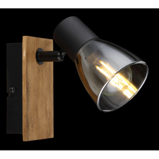 Nástěnné svítidlo, dřevo hnědé, kov černý, kouřové sklo, s vypínačem, ŠxV: 7x14cm, H:16cm, bez žárovky 1xE14, max. 40W 230V