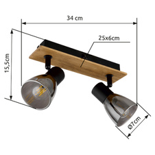 Nástěnné svítidlo, dřevo hnědé, kov černý, kouřové sklo, s vypínačem, DxŠxV: 25x7x16cm, bez žárovek 2xE14, max. 40W 230V