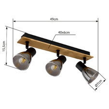Stropní svítidlo, dřevo hnědé, kov černý, kouřové sklo, DxŠxV: 40x7x16cm, bez žárovek 3xE14, max. 40W 230V