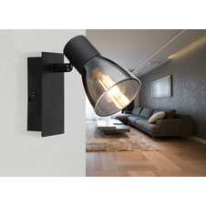 Nástěnné svítidlo, kov černý, kouřové sklo, s vypínačem, ŠxV: 7x14cm, H:16cm, bez žárovky 1xE14, max. 40W 230V