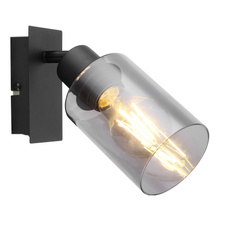 Nástěnné svítidlo, kov černý, kouřové sklo, s vypínačem, ŠxV: 9x20cm, H:18cm, bez žárovky 1xE27, max. 15W 230V