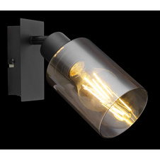 Nástěnné svítidlo, kov černý, kouřové sklo, s vypínačem, ŠxV: 9x20cm, H:18cm, bez žárovky 1xE27, max. 15W 230V