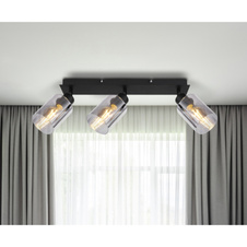 Stropní svítidlo, kov černý, kouřové sklo, DxŠxV: 47x9x22cm, bez žárovek 3xE27, max. 15W 230V