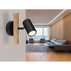 Nástěnné svítidlo, dřevo tmavě hnědé, kov černý, ŠxV: 10x20cm, H:20cm, bez žárovky 1xGU10, max. LED 5W 230V