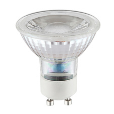 LED žárovka, keramika bílá, chrom, sklo průhledné, Ø5cm, 1xGU10 LED 4,9W 230V, 345lm, 3000K.