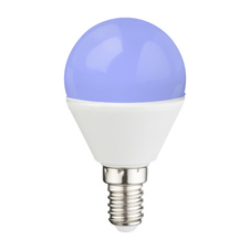 LED žárovka, hliník, plast bílý, plast opál, ILLU, stmívatelná, dálkové ovládání, změna barvy světla, fixace barev, Ø4,5cm, V:8cm, 1xE14 RGBW 4.9W 230V, 470lm, 2700K.