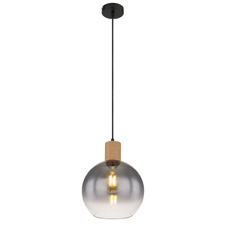 Závěsné svítidlo kov černý matný, MDF, imitace tmavého dřeva, kouřové sklo, textilní kabel černý, možnost nastavení výšky, Ø:250mm, V:1200mm, bez žárovky 1xE27 40W 230V