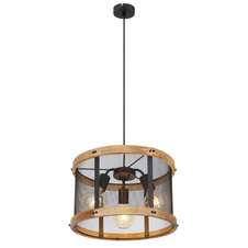 Závěsné svítidlo kov černý matný, dřevo tmavě hnědé, kabel textil černý, Ø:400mm, V:1200mm, bez žárovek 3x E27 40W 230V