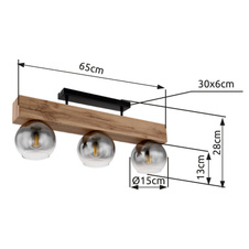 Stropní svítidlo kov černý matný, MDF, imitace tmavého dřeva, kouřové sklo, DxŠxV:650x150x280mm, bez žárovek 3xE27 40W 230V