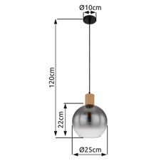 Závěsné svítidlo kov černý matný, MDF, imitace tmavého dřeva, kouřové sklo, textilní kabel černý, možnost nastavení výšky, Ø:250mm, V:1200mm, bez žárovky 1xE27 40W 230V