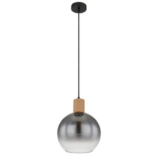 Závěsné svítidlo kov černý matný, MDF, imitace tmavého dřeva, kouřové sklo, textilní kabel černý, možnost nastavení výšky, Ø:250mm, V:1200mm, bez žárovky 1xE27 40W 230V