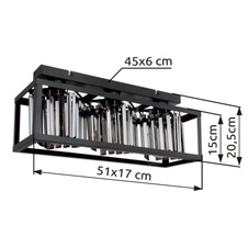 Stropní svítidlo kov černý matný, skleněné krystaly kouřové barvy, DxŠxV:510x170x205mm, bez žárovek 3xE27 40W 230V