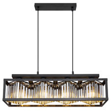 Závěsné svítidlo kov černý matný, skleněné krystaly kouřové barvy, možnost nastavení výšky, DxŠxV:680x170x1200mm, bez žárovek 4x E27 40W 230V