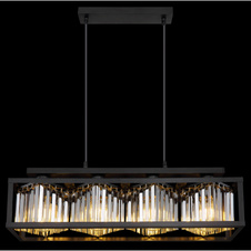 Závěsné svítidlo kov černý matný, skleněné krystaly kouřové barvy, možnost nastavení výšky, DxŠxV:680x170x1200mm, bez žárovek 4x E27 40W 230V