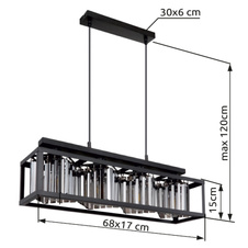 Závěsné svítidlo kov černý matný, skleněné krystaly kouřové barvy, možnost nastavení výšky, DxŠxV:680x170x1200mm, bez žárovek 4x E27 40W 230V