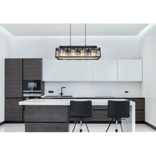Závěsné svítidlo kov černý matný, skleněné krystaly kouřové barvy, možnost nastavení výšky, DxŠxV:680x170x1200mm, bez žárovek 4x E27 40W 230V