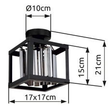 Stropní svítidlo kov černý matný, skleněné krystaly kouřové barvy, DxŠxV:170x170x210mm, bez žárovky 1x E27 40W 230V