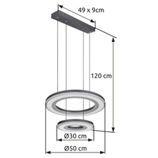 Závěsné svítidlo kov černý, bílý, akryl bílý, stmívatelné, paměťová funkce, noční světlo, možnost nastavení výšky, dálkové ovládání, Ø kruhů: 30cm a 50cm, Ø:500mm, V:1200mm, LED 50W 230V, 525-6250lm zdroj, 150-1800lm výstup, CCT 2700-6000K
