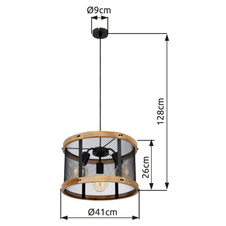 Závěsné svítidlo kov černý matný, dřevo tmavě hnědé, kabel textil černý, Ø:400mm, V:1200mm, bez žárovek 3x E27 40W 230V