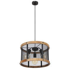 Závěsné svítidlo kov černý matný, dřevo tmavě hnědé, kabel textil černý, Ø:400mm, V:1200mm, bez žárovek 3x E27 40W 230V