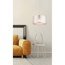 Závěsné svítidlo, kov nikl matný, plast, textil stříbrný, satinovaný akryl, výška stínidla 20 cm, Ø40cm, V:140cm, bez žárovky 1xE27, max. 60W 230V.