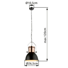 Závěsné svítidlo, kov měděný, kov černý, černý textilní kabel, Ø27cm, V:120cm, bez žárovky 1xE27, max. 40W 230V.