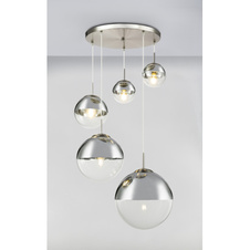 Závěsné svítidlo, kov nikl matný, sklo průhledné chrom, 5 koulí s průměrem: 2x15-20-25-33 cm, Ø65cm, V:150cm, bez žárovek 3xE27, max. 40W 230V, 2xE27 ILLU 25W 230V.