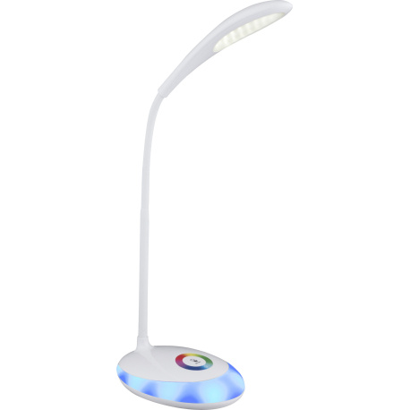 Stolní lampa, plast, bílá, plast satinovaný, flexo, základna s RGB LED, změna barvy světla, fixace barev, dotykový stmívač, DxŠxV: 30x11x48cm, včetně 1xLED 3W 5V, 230lm, 5000K, 1xRGB LED 1,4W 3,2V.