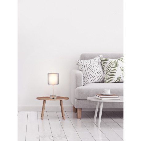 Stolní lampa, kov nikl matný, plast, textil šedý, výška stínidla 15 cm, vypínač, Ø15cm, V:35cm, bez žárovky 1xE14, max. 40W 230V.