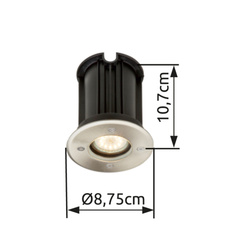 Venkovní svítidlo, nerezová ocel, sklo průhledné, zatížitelnost až 2000 kg, IP65, Ø11cm, V:11,5cm, Ø výřezu 93mm, bez žárovky 1xGU10, max. 15W 230V.